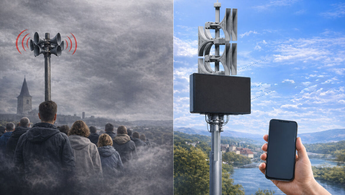 Comparación entre sirena tradicional y sistemas de alerta modernos con comunicación móvil en tiempo real