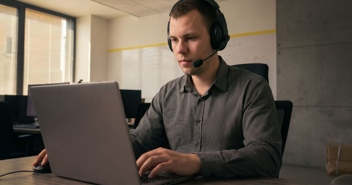 técnico proporcionando soporte remoto y en sitio para sistemas de alerta con portátil