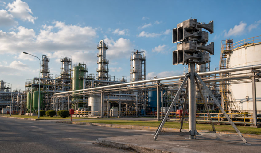 Sirena electrónica Pavian Portable para alerta industrial Sirena electrónica Pavian Portable utilizada como sistema de alerta industrial en una planta química para fugas de gas tóxico y evacuaciones de emergencia.