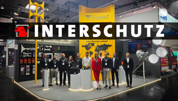 Stand de Telegrafia en INTERSCHUTZ 2026 con sistemas de alerta pública, sirenas electrónicas y soluciones de comunicación de emergencias