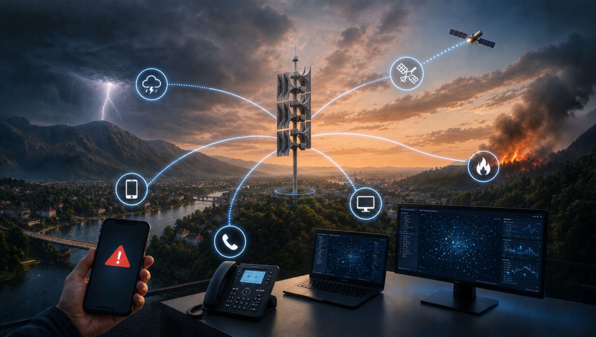 Sistemas de alerta pública modernos con sirenas electrónicas, alertas móviles y centros de operaciones de emergencia